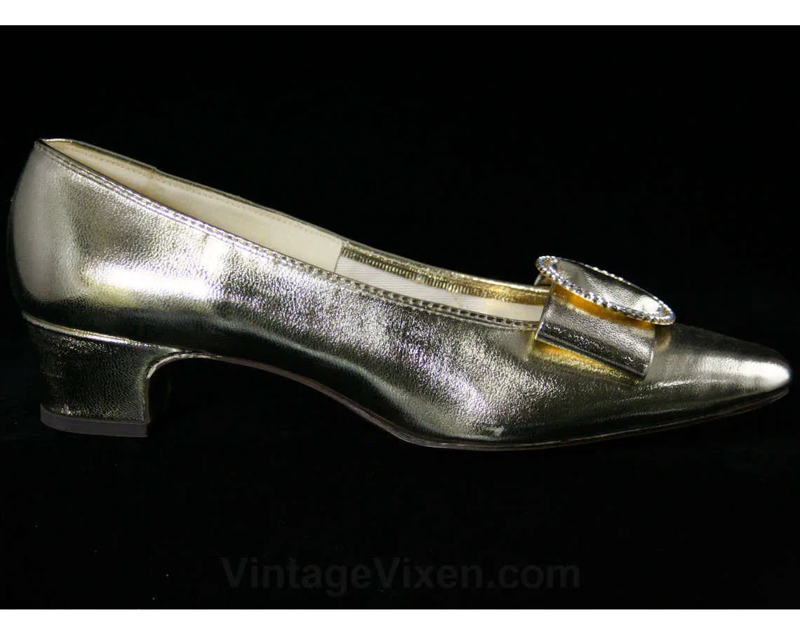 1960s Glam Gold Pumps - Size 6 Shoes - 60s Low Heels - Metallic Gold Vinyl - Buckled Bow - Cocktail Hour - Unworn - 6M Deadstock - 43166-1