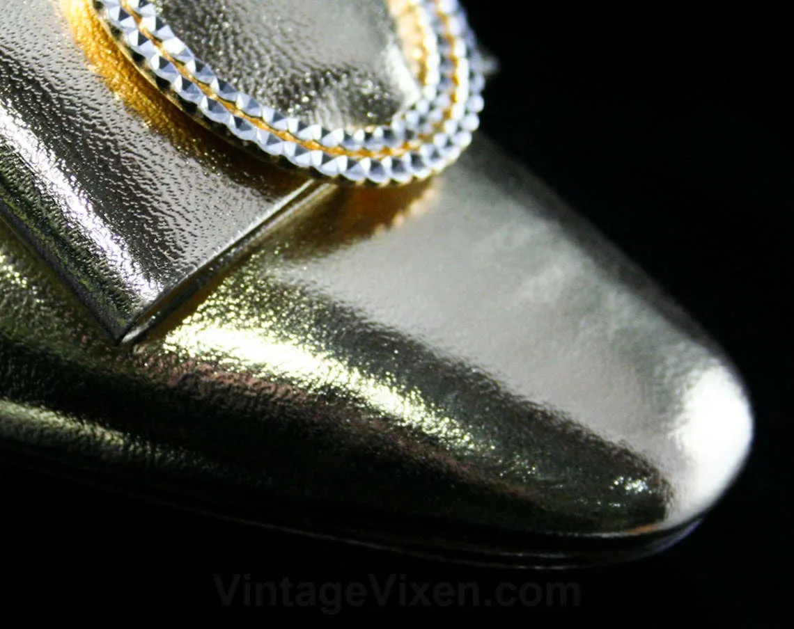 1960s Glam Gold Pumps - Size 6 Shoes - 60s Low Heels - Metallic Gold Vinyl - Buckled Bow - Cocktail Hour - Unworn - 6M Deadstock - 43166-1