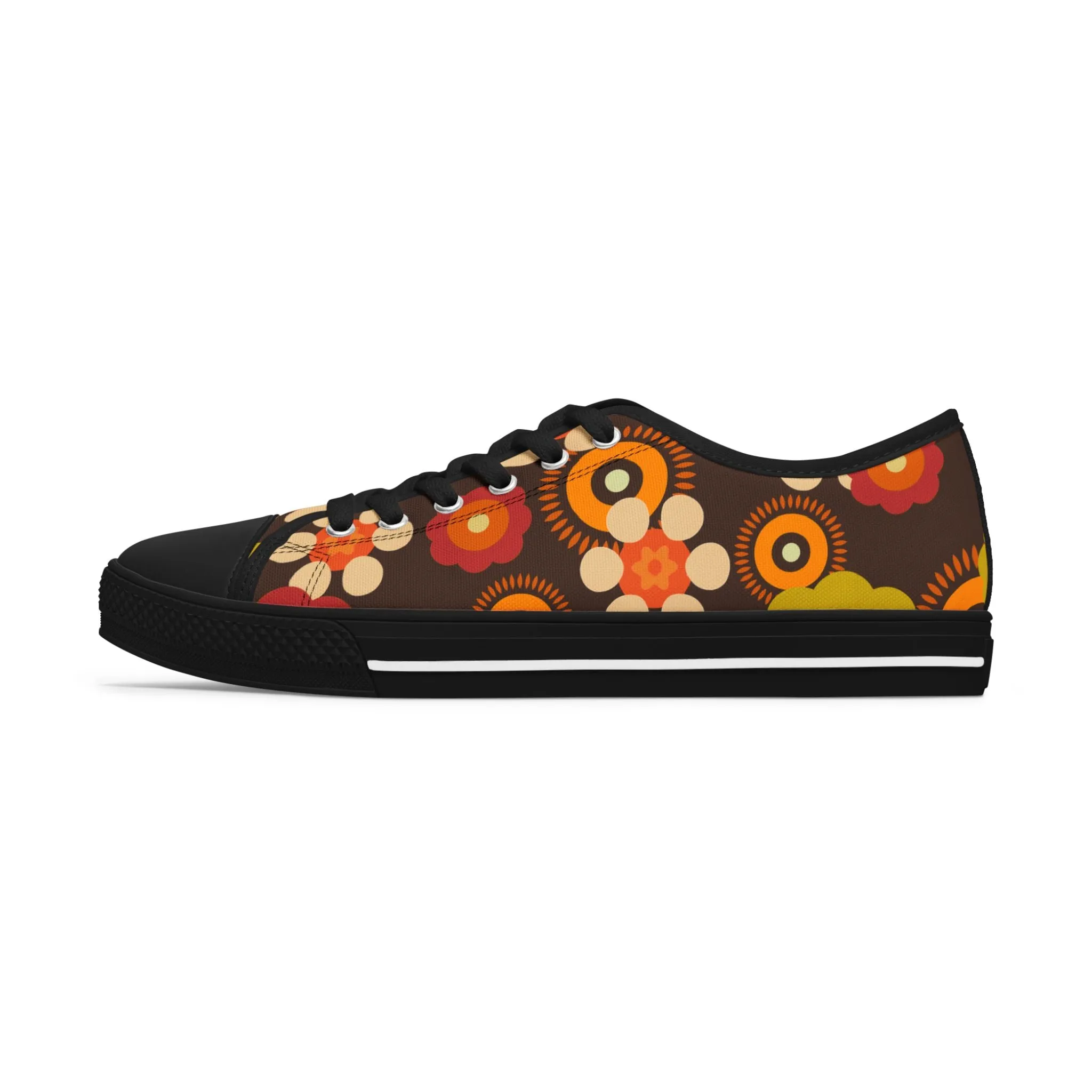 70s Mid Mod Groovy Hippie Boho Sneakers, Retro 70s Vibe Flower Power Women's Low Top Sneakers