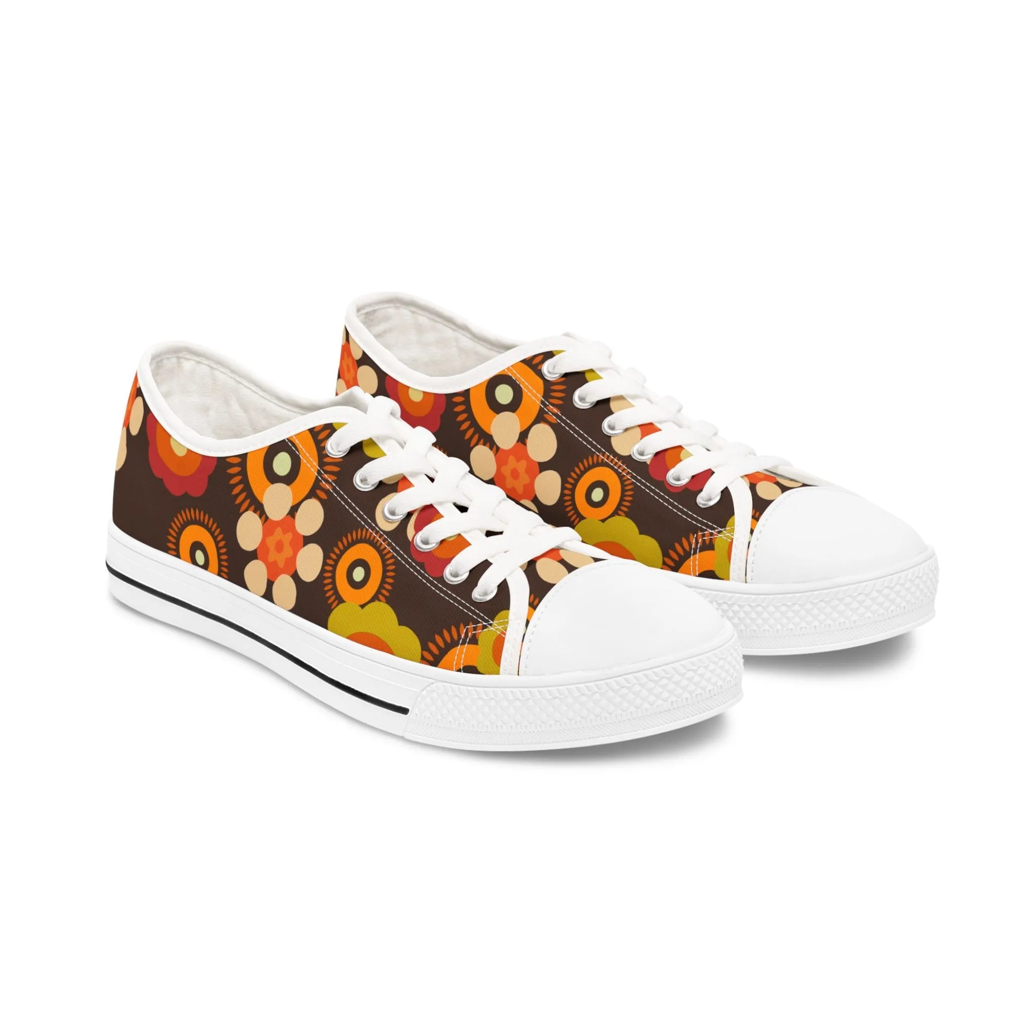 70s Mid Mod Groovy Hippie Boho Sneakers, Retro 70s Vibe Flower Power Women's Low Top Sneakers