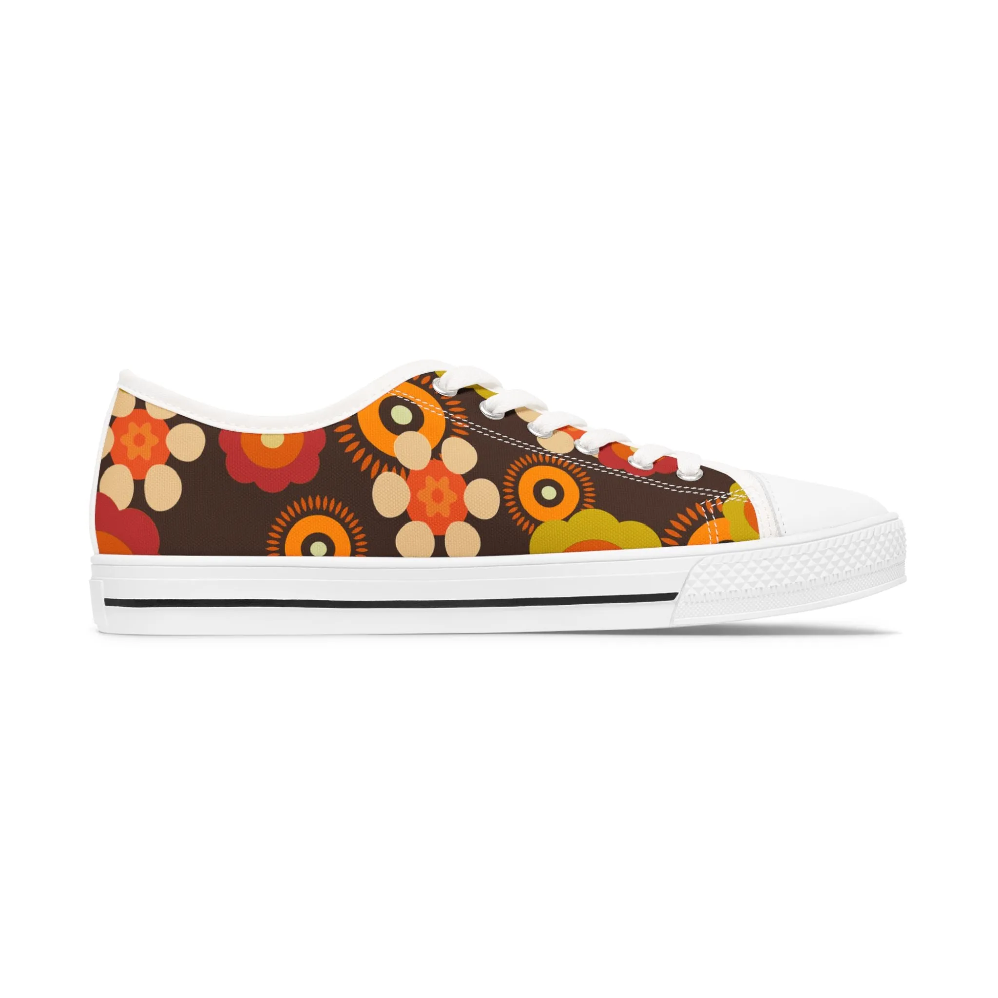 70s Mid Mod Groovy Hippie Boho Sneakers, Retro 70s Vibe Flower Power Women's Low Top Sneakers