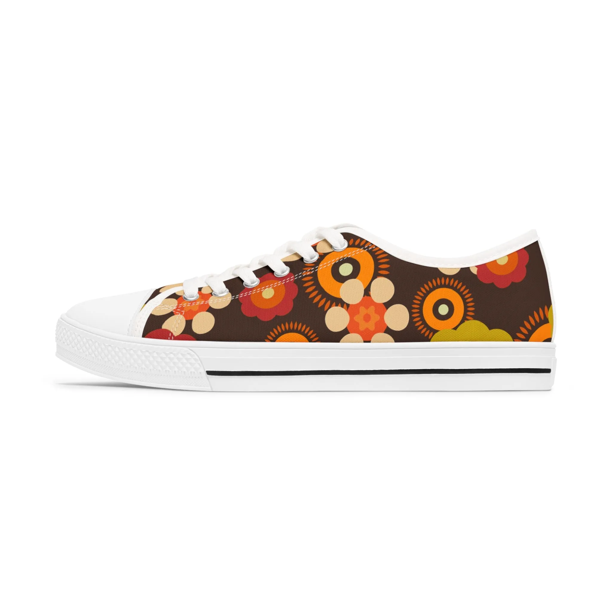 70s Mid Mod Groovy Hippie Boho Sneakers, Retro 70s Vibe Flower Power Women's Low Top Sneakers