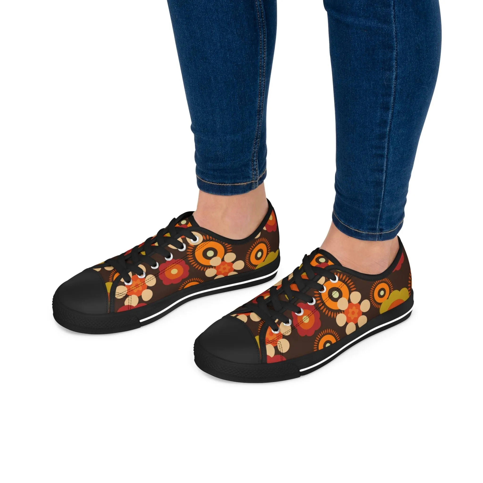 70s Mid Mod Groovy Hippie Boho Sneakers, Retro 70s Vibe Flower Power Women's Low Top Sneakers