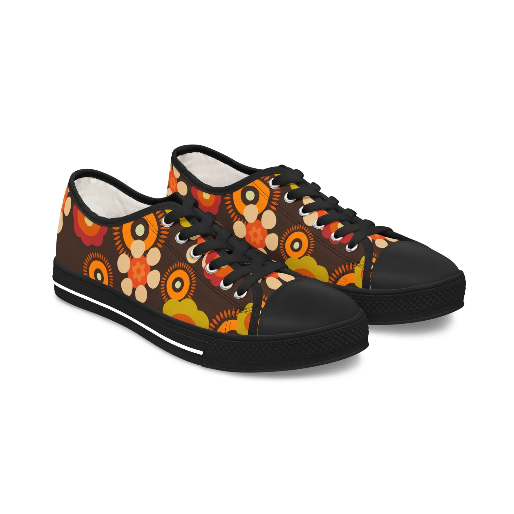 70s Mid Mod Groovy Hippie Boho Sneakers, Retro 70s Vibe Flower Power Women's Low Top Sneakers