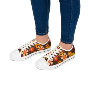 70s Mid Mod Groovy Hippie Boho Sneakers, Retro 70s Vibe Flower Power Women's Low Top Sneakers