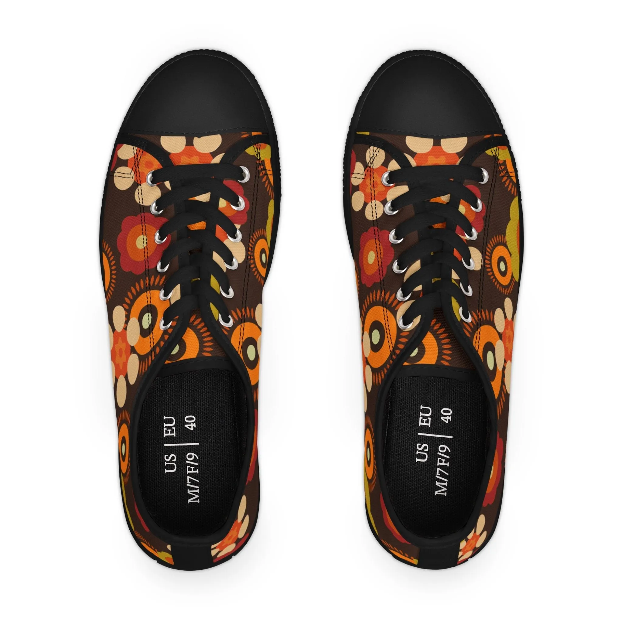 70s Mid Mod Groovy Hippie Boho Sneakers, Retro 70s Vibe Flower Power Women's Low Top Sneakers