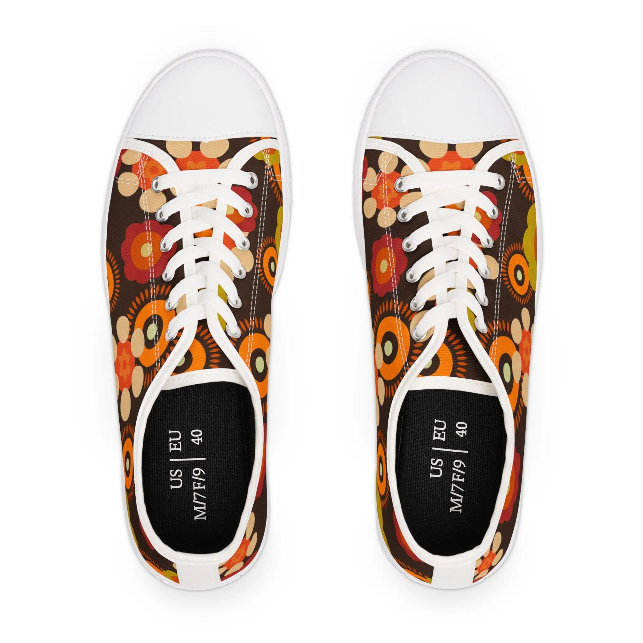 70s Mid Mod Groovy Hippie Boho Sneakers, Retro 70s Vibe Flower Power Women's Low Top Sneakers