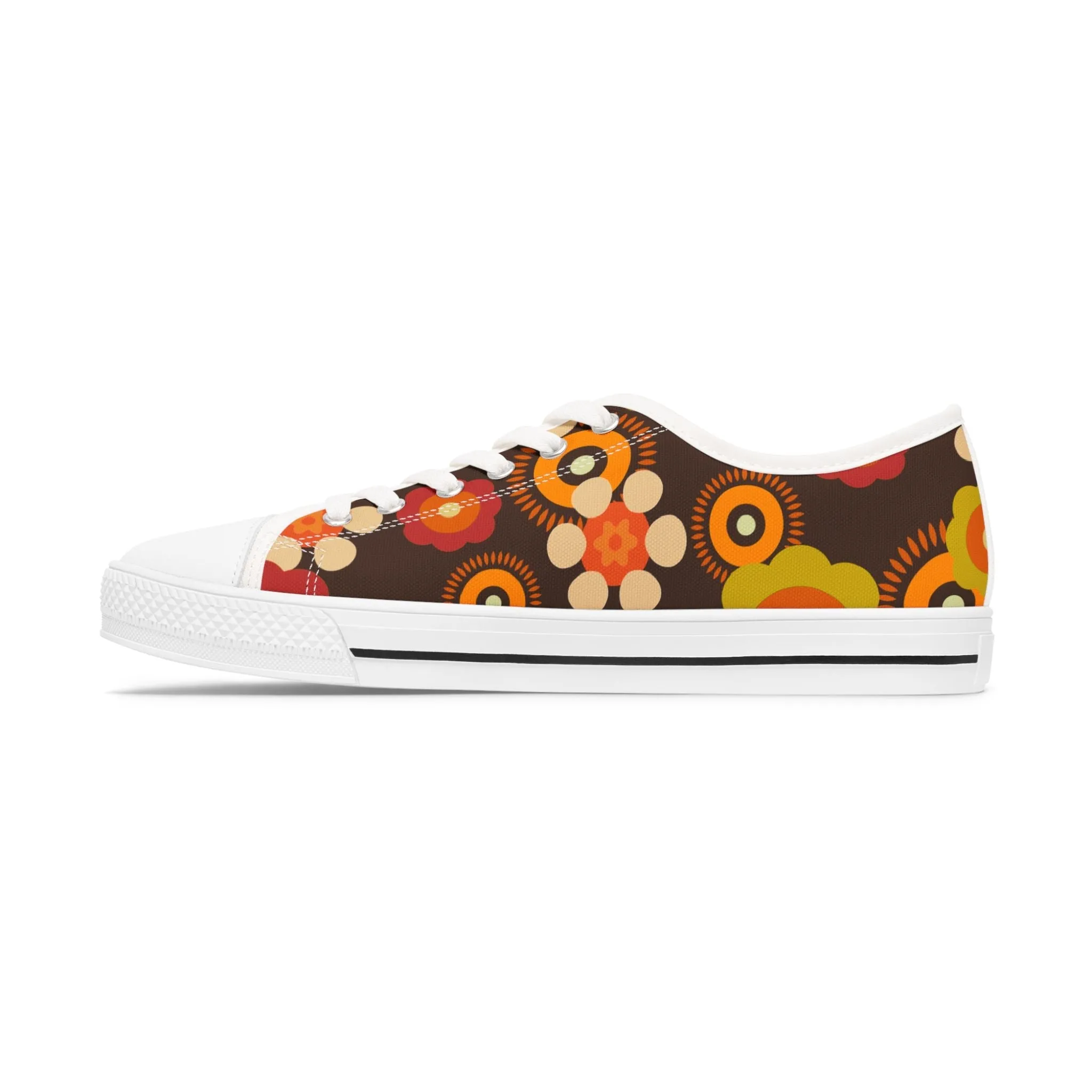 70s Mid Mod Groovy Hippie Boho Sneakers, Retro 70s Vibe Flower Power Women's Low Top Sneakers