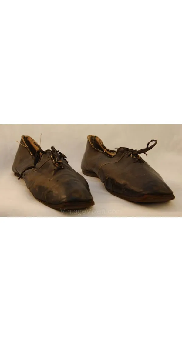 Authentic 1830s Black Leather Lace-Up Shoes - Rare Antique Early Victorian Pre Civil War - 1800s Museum Quality Footwear - All Hand Sewn