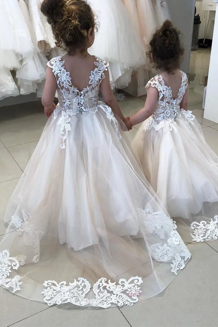 Ball Gown Cap Sleeves Appliqued Ivory Flower Girl Dress, Puffy Cute Flower Girl Dress F070