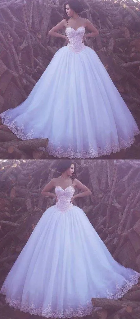 Ball Gown Sweetheart Floor-length Pink Lace Big White Wedding Dresses TN137