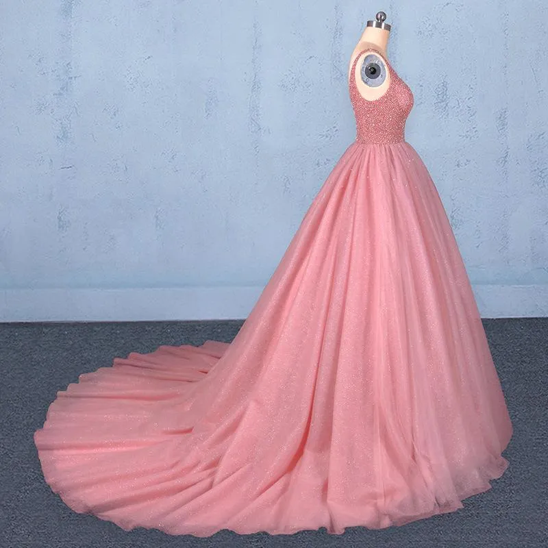 Ball Gown V Neck Tulle Prom Dress with Beads, Puffy Sleeveless Quinceanera Dresses M1850