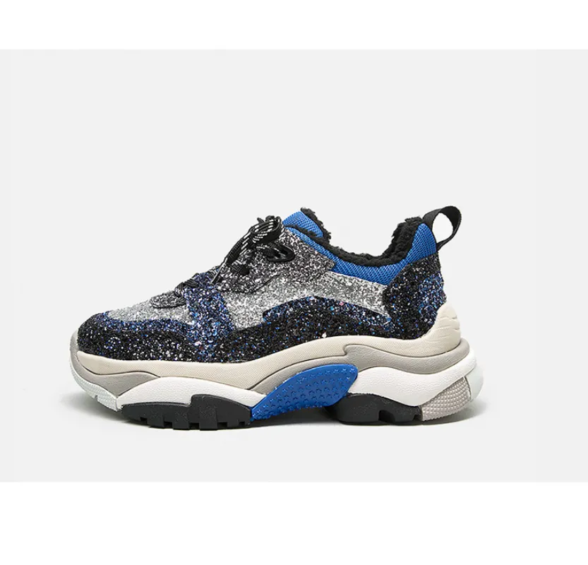 BELLALILY BLUE AND BLACK CHUNKY TRAINERS IN GLITTER