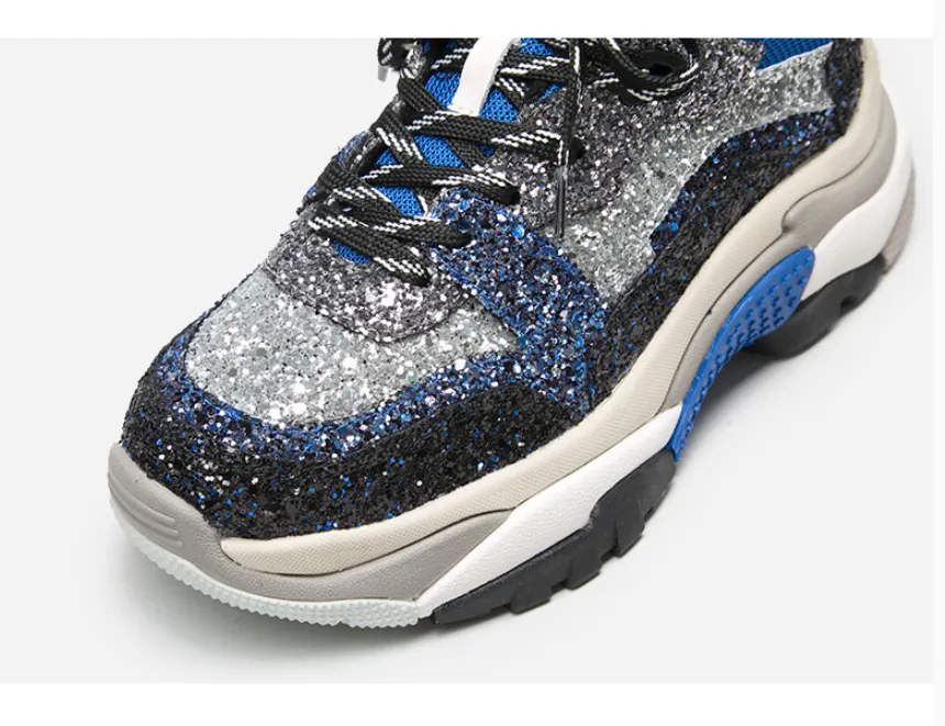 BELLALILY BLUE AND BLACK CHUNKY TRAINERS IN GLITTER