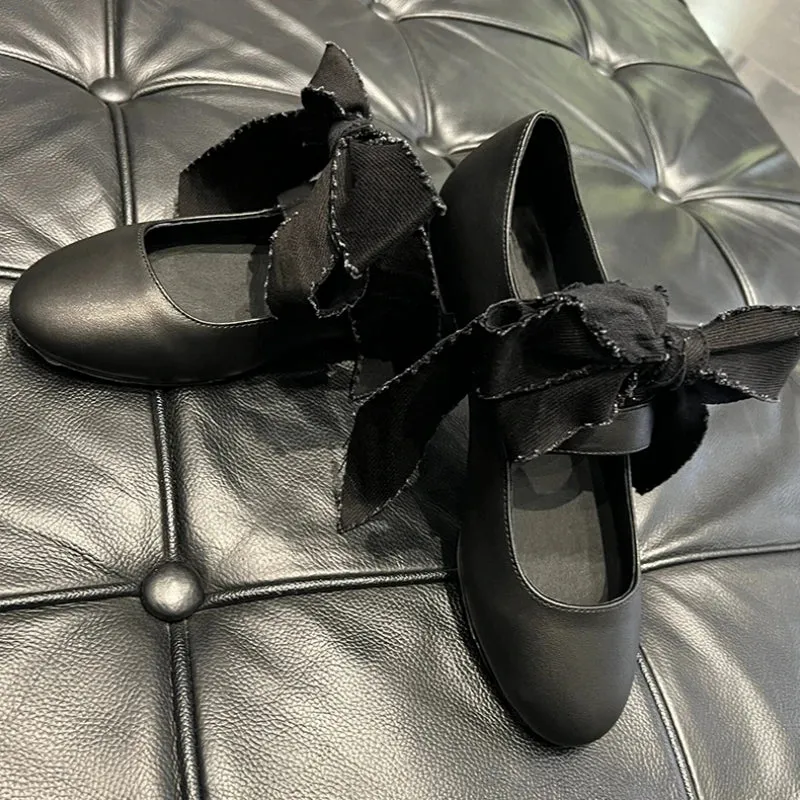binfenxie  -  Black Round Toe Strappy Ballet Shoes for Women Lace-Up Bowknot Flat Leather Shoes Design Ladies Retro Casual Zapatos De Mujer
