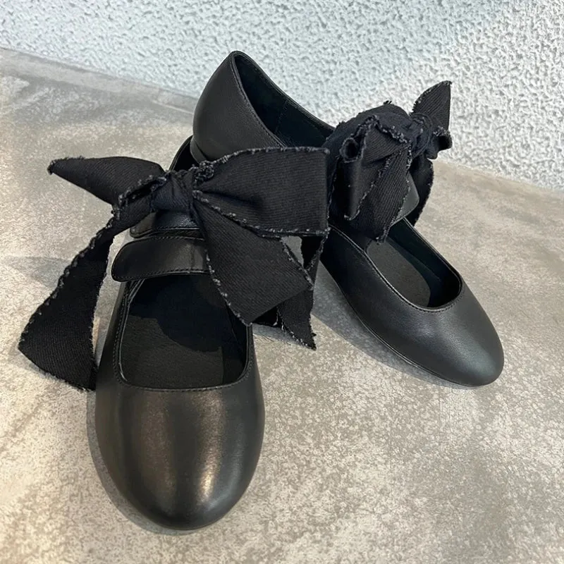 binfenxie  -  Black Round Toe Strappy Ballet Shoes for Women Lace-Up Bowknot Flat Leather Shoes Design Ladies Retro Casual Zapatos De Mujer