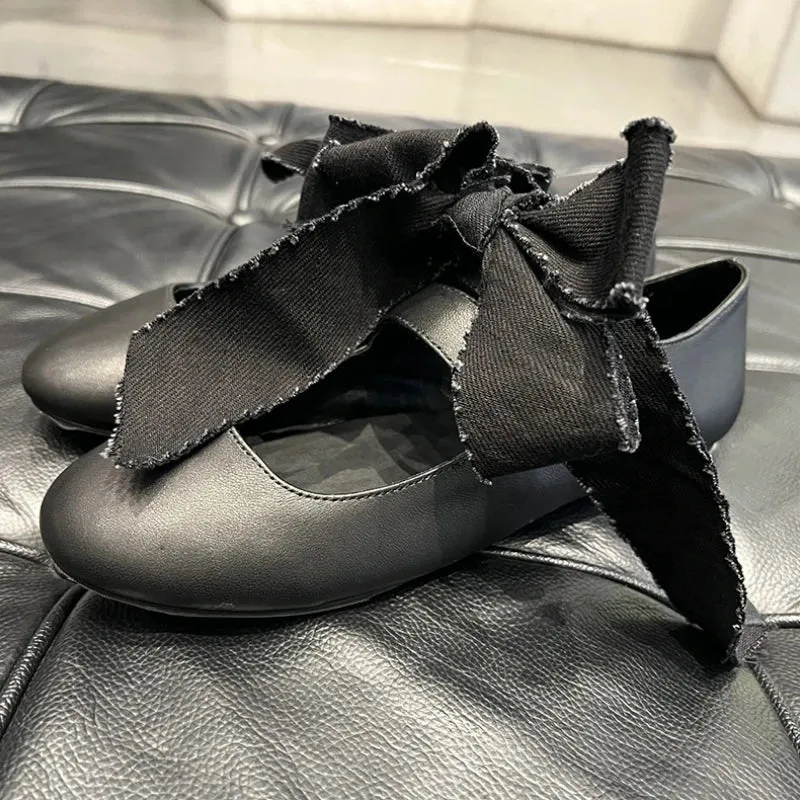binfenxie  -  Black Round Toe Strappy Ballet Shoes for Women Lace-Up Bowknot Flat Leather Shoes Design Ladies Retro Casual Zapatos De Mujer
