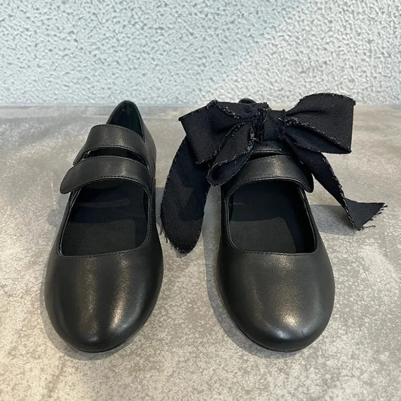 binfenxie  -  Black Round Toe Strappy Ballet Shoes for Women Lace-Up Bowknot Flat Leather Shoes Design Ladies Retro Casual Zapatos De Mujer