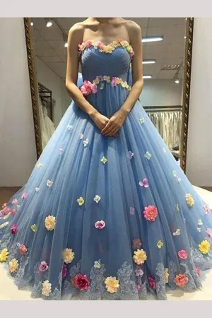 Blue Sweetheart Ball Gown Tulle Prom Dresses with Flowers Floor Length Quinceanera Dresses N1371