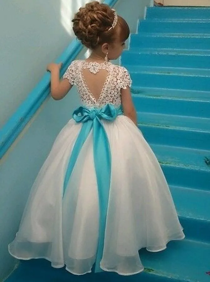 Cap Sleeves Ball Gown Jewel Lace Flower Girl Dress with Ribbon Bowknot PF106