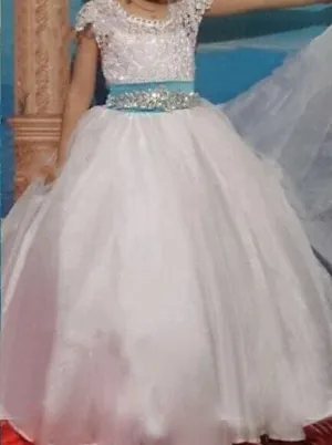 Cap Sleeves Ball Gown Jewel Lace Flower Girl Dress with Ribbon Bowknot PF106