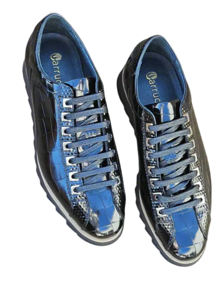 Carrucci Mens Black Crocodile-Embossed Leather Sneakers