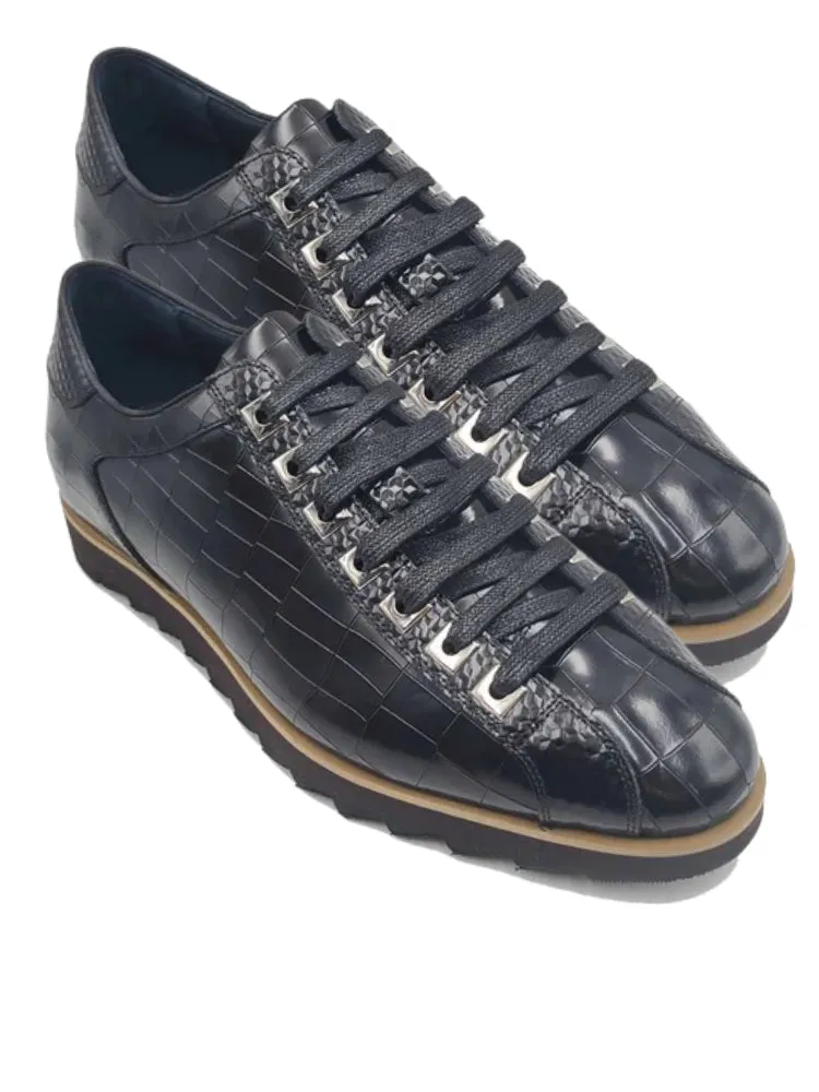 Carrucci Mens Black Crocodile-Embossed Leather Sneakers