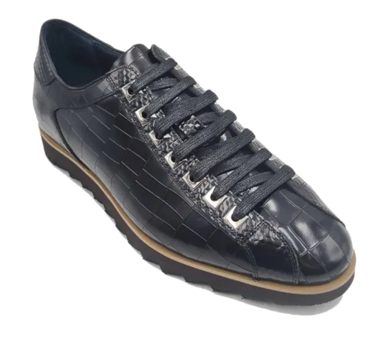 Carrucci Mens Black Crocodile-Embossed Leather Sneakers