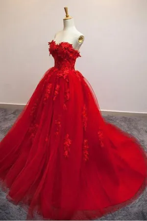 Charming Red Sweetheart Strapless Ball Gown Applique Tulle Long Prom Dress PFP0126