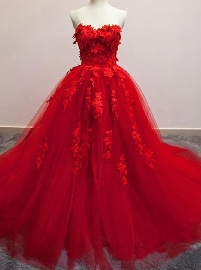 Charming Red Sweetheart Strapless Ball Gown Applique Tulle Long Prom Dress PFP0126