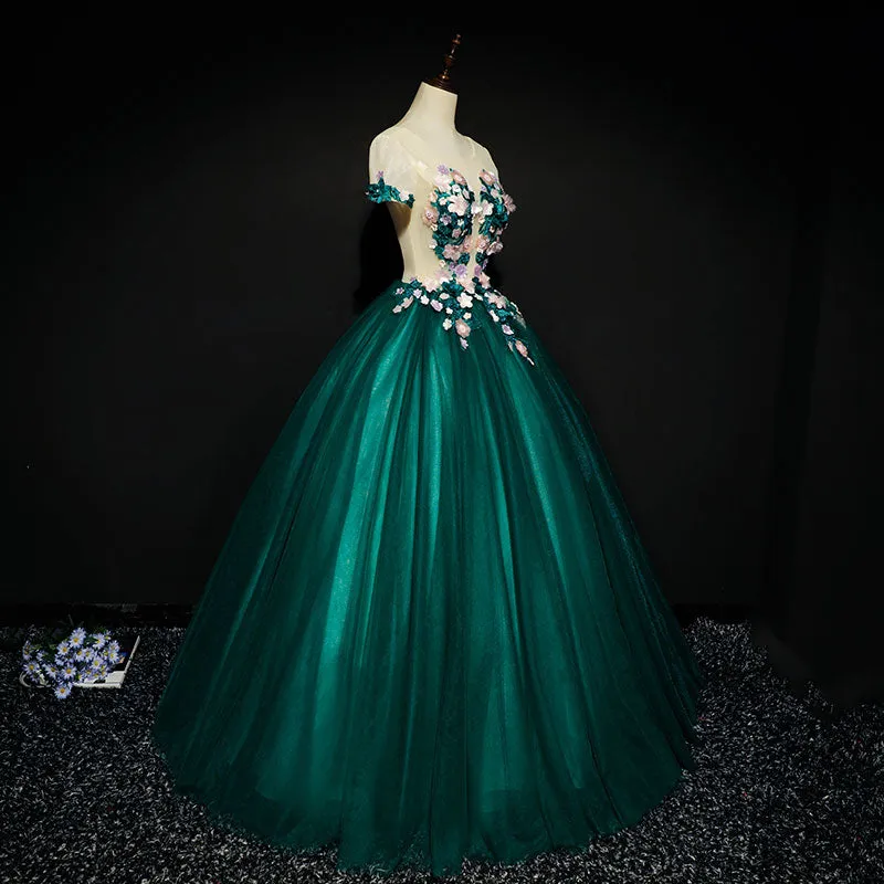 Dark Green Tulle Round Neckline Ball Gown Formal Dress, Quinceanera Dress
