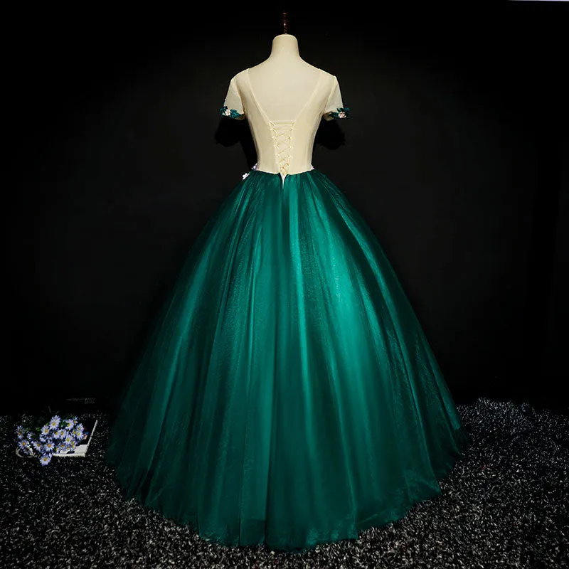 Dark Green Tulle Round Neckline Ball Gown Formal Dress, Quinceanera Dress