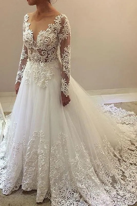 Elegant Beading Lace Long Sleeves Sheer Neck Ball Gown Wedding Dress N1796