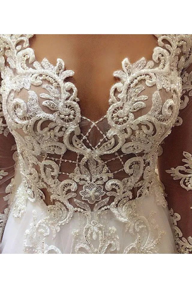 Elegant Beading Lace Long Sleeves Sheer Neck Ball Gown Wedding Dress N1796