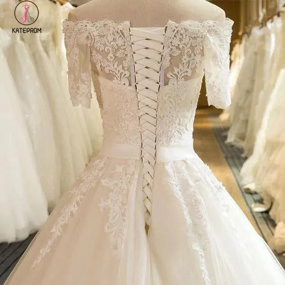 Floor Length Puffy Wedding Dresses Off-the-shoulder Ball Gown Lace Ivory Bridal Gown KPW0262