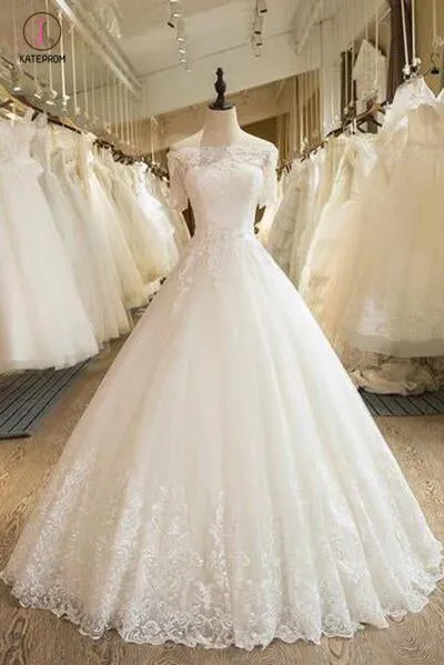 Floor Length Puffy Wedding Dresses Off-the-shoulder Ball Gown Lace Ivory Bridal Gown KPW0262
