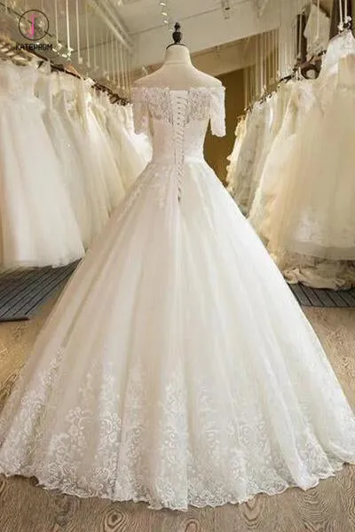 Floor Length Puffy Wedding Dresses Off-the-shoulder Ball Gown Lace Ivory Bridal Gown KPW0262