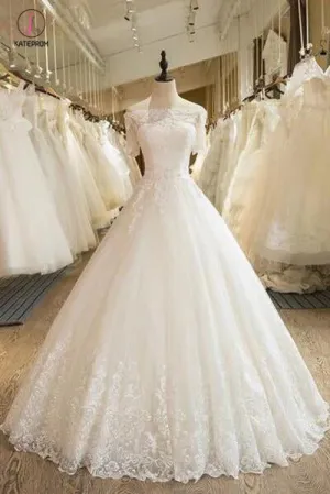 Floor Length Puffy Wedding Dresses Off-the-shoulder Ball Gown Lace Ivory Bridal Gown KPW0262