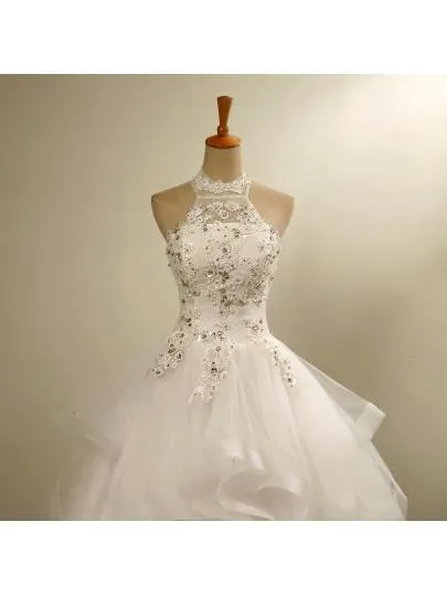 Halter Neck Lace-Up Ball Gown Floor-Length Beaded Lace Wedding Dress  WD171