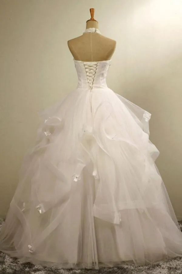Halter Neck Lace-Up Ball Gown Floor-Length Beaded Lace Wedding Dress  WD171