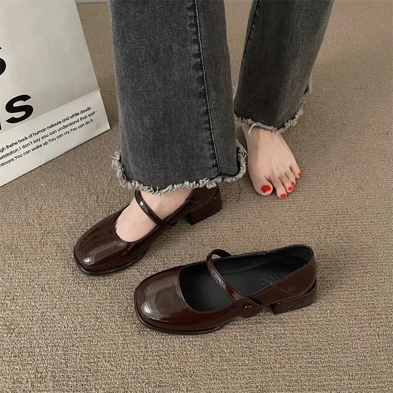 Hnzxzm Patent Pu Leather Fashion Sweet Women's Shoes New French Retro Mary Jane Lady Middle Heel Feminine Casual Shoe