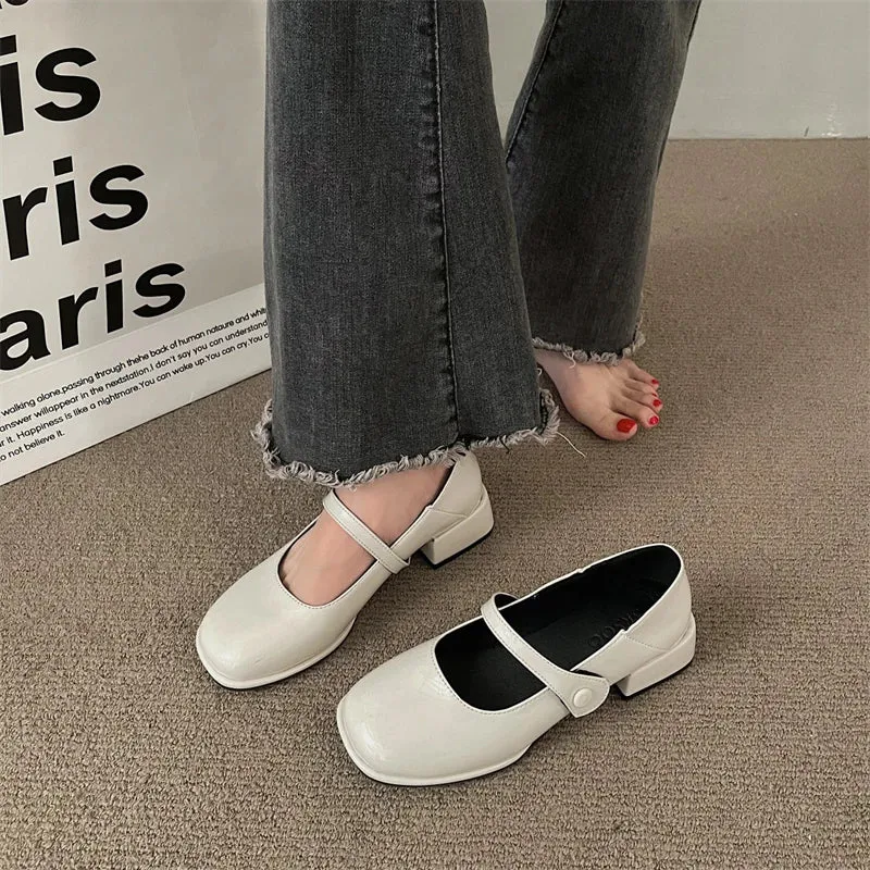 Hnzxzm Patent Pu Leather Fashion Sweet Women's Shoes New French Retro Mary Jane Lady Middle Heel Feminine Casual Shoe