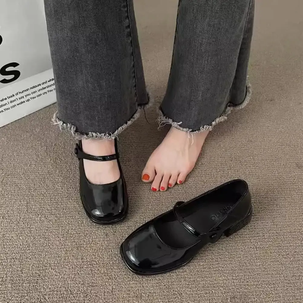 Hnzxzm Patent Pu Leather Fashion Sweet Women's Shoes New French Retro Mary Jane Lady Middle Heel Feminine Casual Shoe