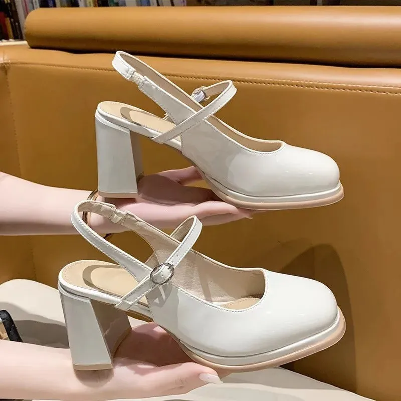 Hnzxzm Spring Autumn New Round Head Shallow Mouth Retro Style Thick Heel Women Single Shoes