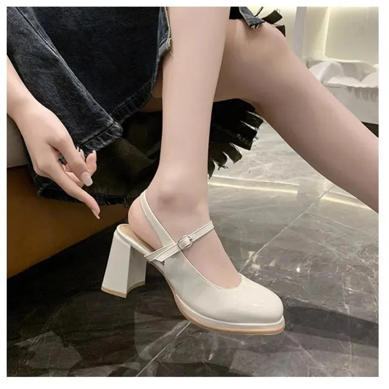 Hnzxzm Spring Autumn New Round Head Shallow Mouth Retro Style Thick Heel Women Single Shoes