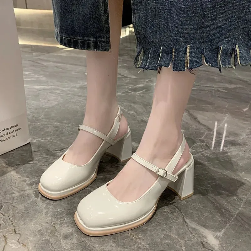 Hnzxzm Spring Autumn New Round Head Shallow Mouth Retro Style Thick Heel Women Single Shoes