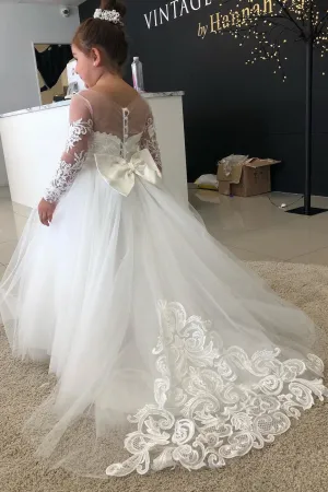 Ivory Long Sleeve Tulle Flower Girl Dress with Lace, Cheap Flower Girl Dress with Bowknot F041