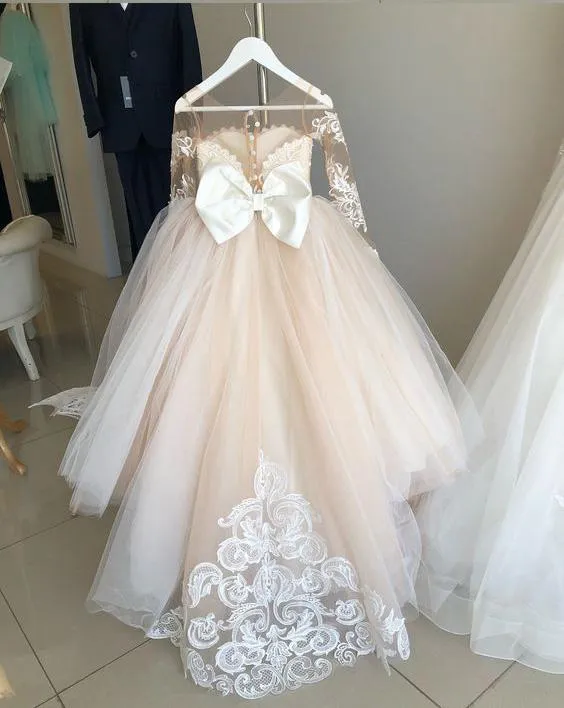 Ivory Long Sleeve Tulle Flower Girl Dress with Lace, Cheap Flower Girl Dress with Bowknot F041