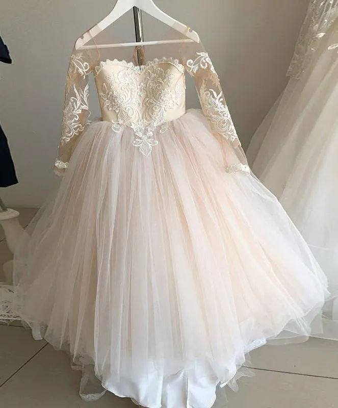 Ivory Long Sleeve Tulle Flower Girl Dress with Lace, Cheap Flower Girl Dress with Bowknot F041