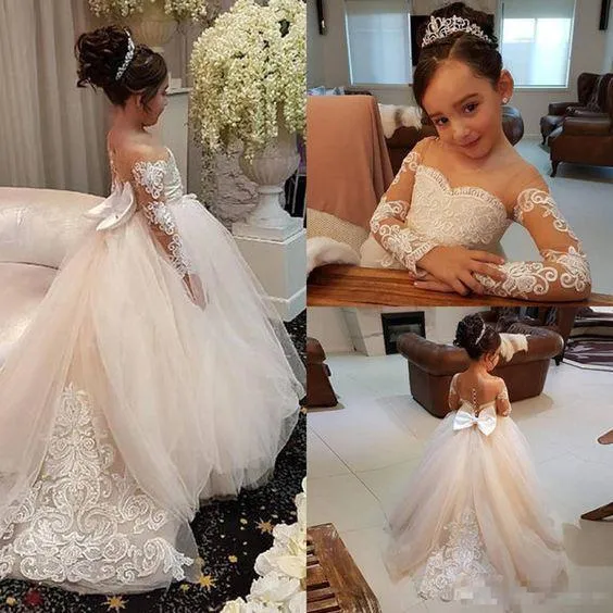 Ivory Long Sleeve Tulle Flower Girl Dress with Lace, Cheap Flower Girl Dress with Bowknot F041